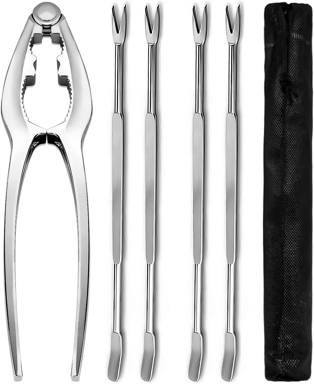 5Pcs Seafood Tools Set, Nut Crackers Opener, 1 Crab Crackers, 4 Stainless Steel Forks, 1 Storage Bag, Shellfish Lobster Crab Leg Sheller