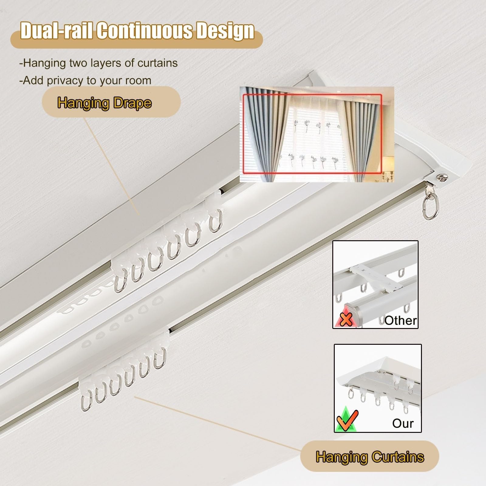 Ultra-Thin Ceiling Curtain Track Kit - 4.8m Black Aluminum Track With Rollers, For Room Dividers, Privacy - View #5