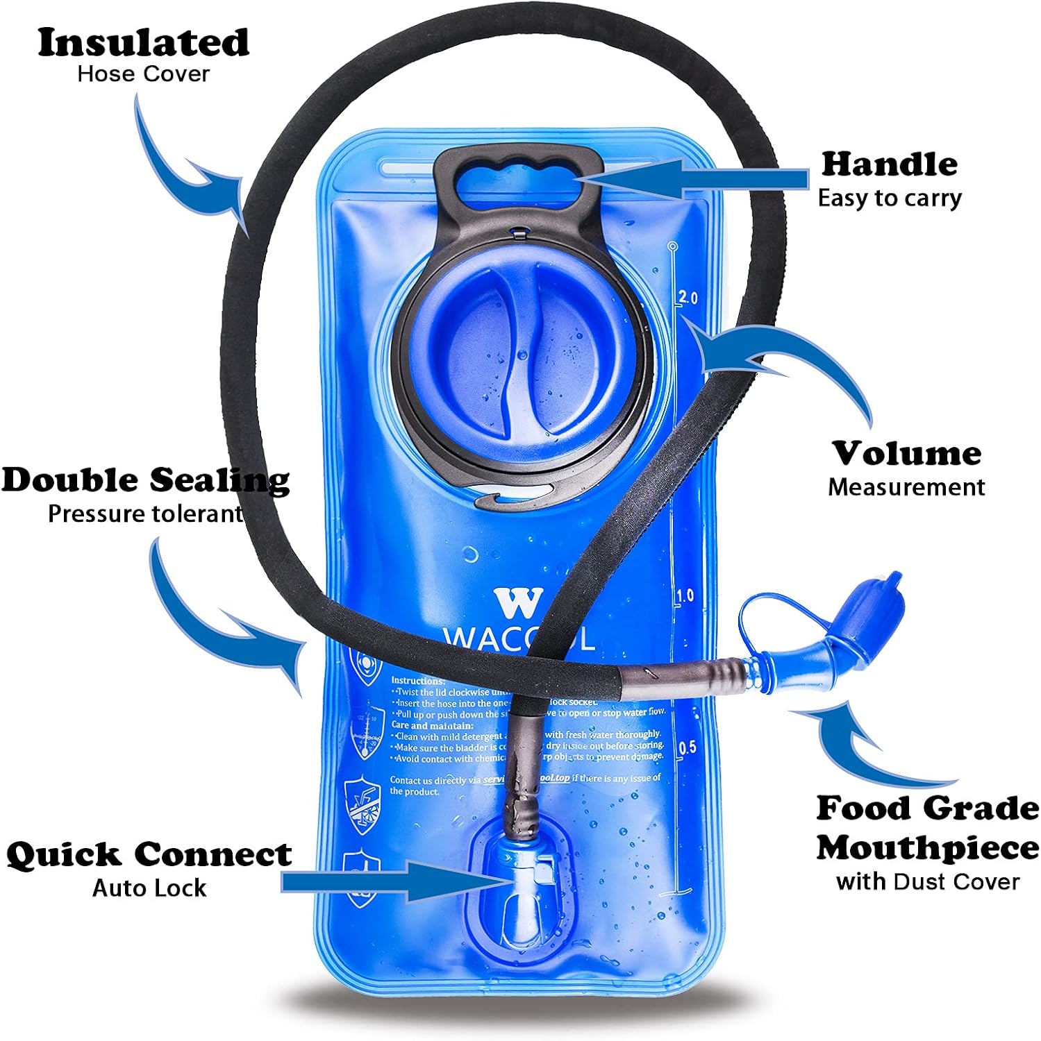 WACOOL 2L 2Liter 70oz BPA Free PEVA Hydration Pack Bladder Leak-Proof Water Reservoir