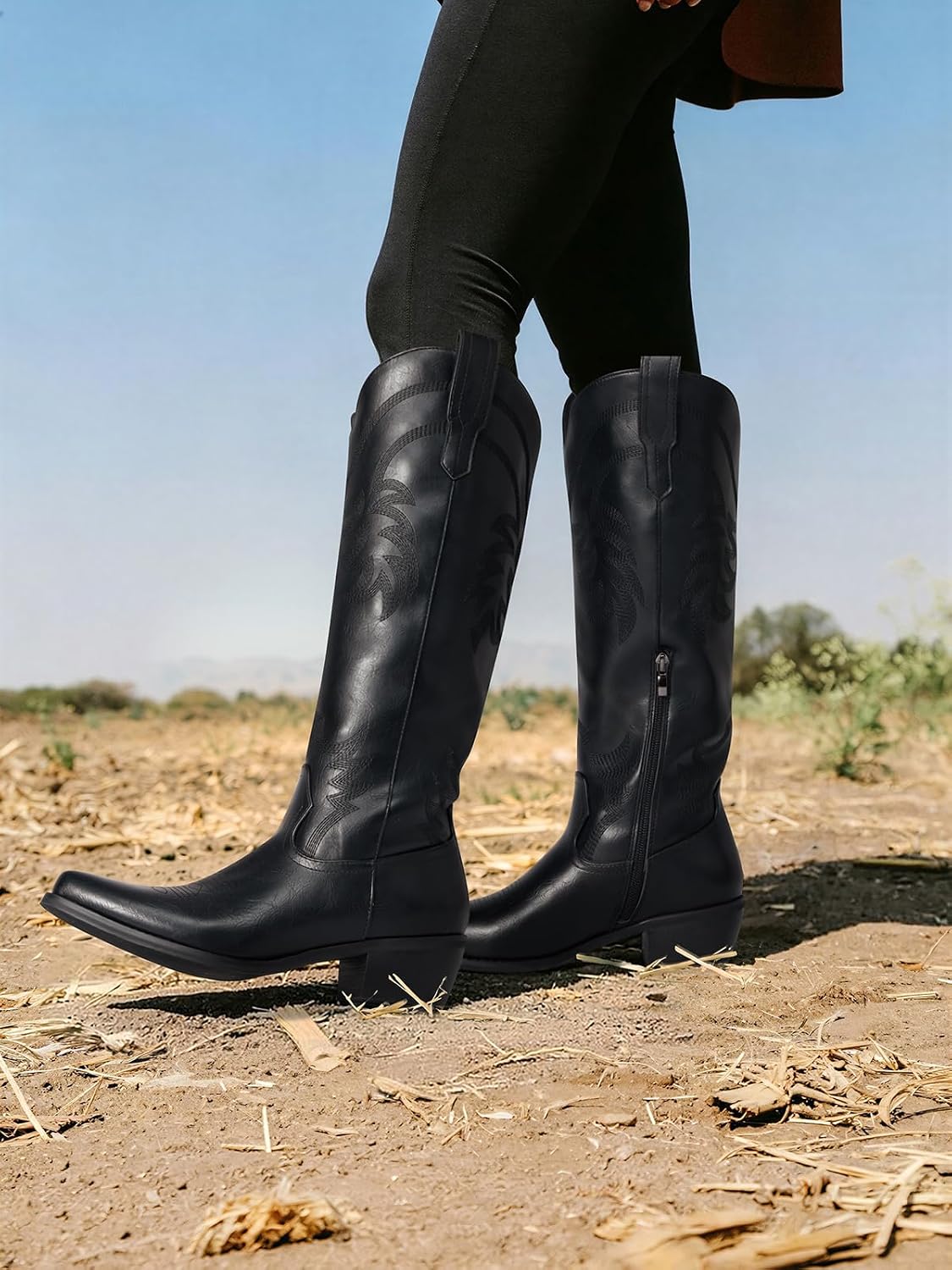 TEMOFON Western Cowboy Boots for Women: Comfortable Pointed Toe Knee High Cowgirl Boots with Chunky Low Heel Tall Boot for Ladies Country Concert Party Outfits