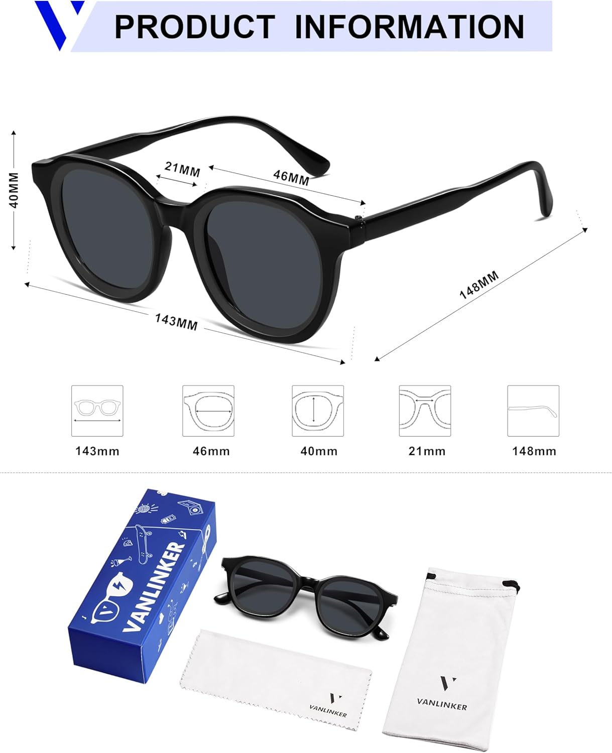 VANLINKER Retro Round Sunglasses for Men Women Vintage Circle Shades VL9829 46mm - Image 5