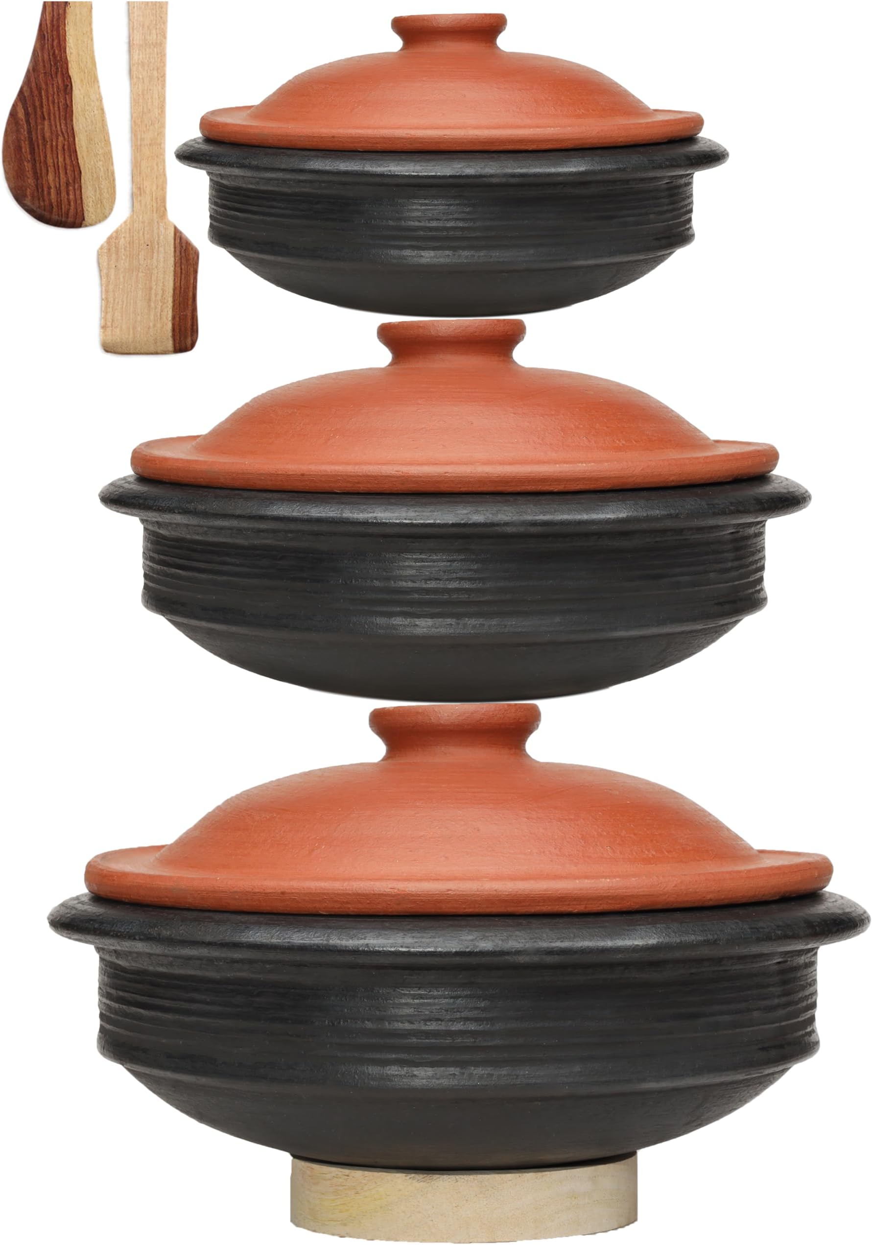 Deep Uncoated Burned Clay Handi/Pot for Cooking and Serving Combo with Lid 1, 2 & 3 liter | Black