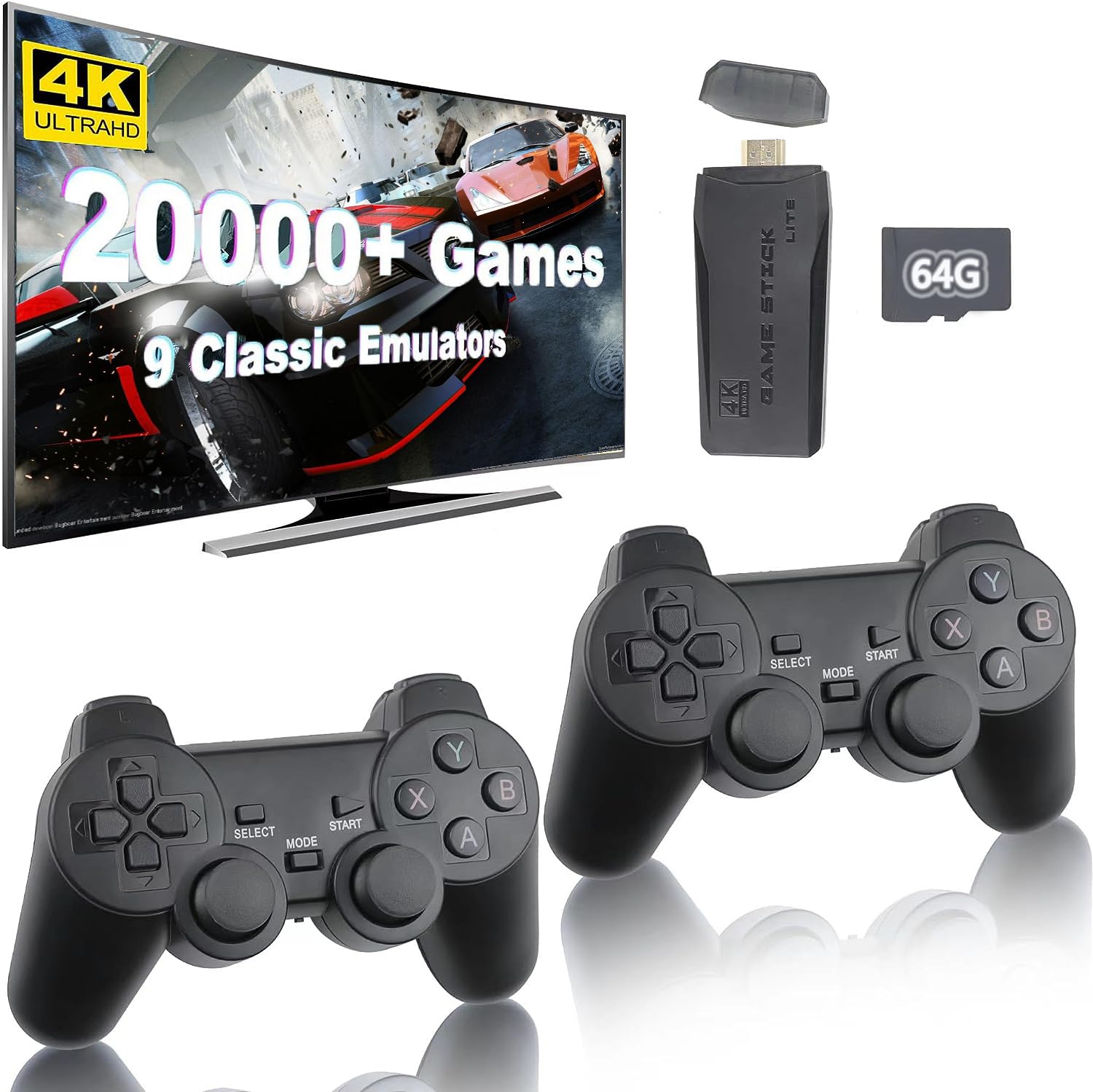 Whatsko Retro Konsole Spielkonsole Game Stick 4K, Retrolink 20000+ Spiele mit 2 Wireless Controllers Gamepad-64G, Plug and Play Video Game Console für TV HDMI, Geschenke für Kinder Erwachsene
