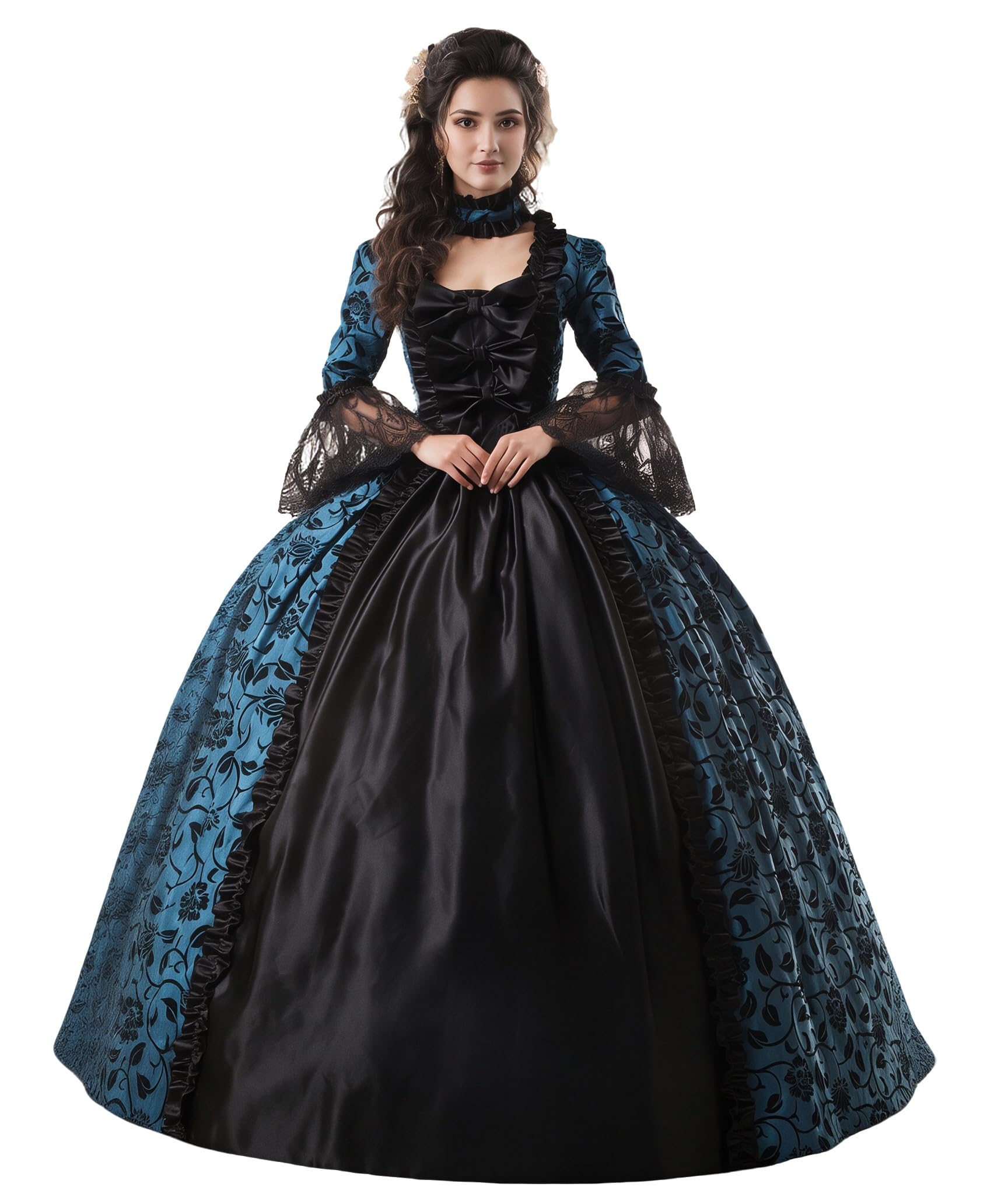 CountryWomen 18th Century Damen Rokoko Ballkleid Druck Lang Gothic Viktorianisches Kleid Maskerade Thema Kleider
