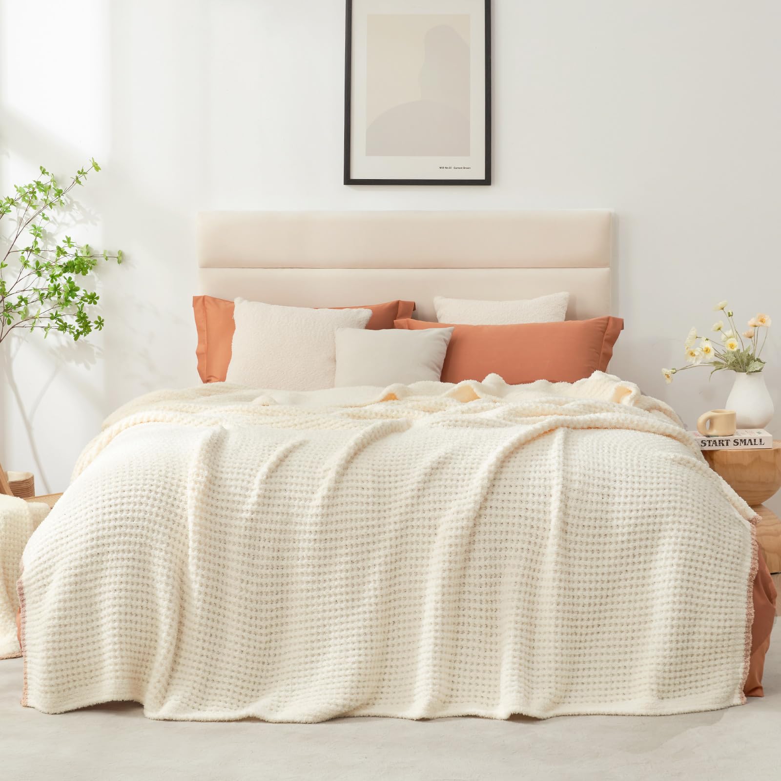 Photo 1 of Snuggle Sac Cream Bedding Blankets Queen Size 90x90 inches, Reversible Microfiber Fluffy Fuzzy Soft Throw Cozy Knit Blanket for Women Mothers Birthday Gifts