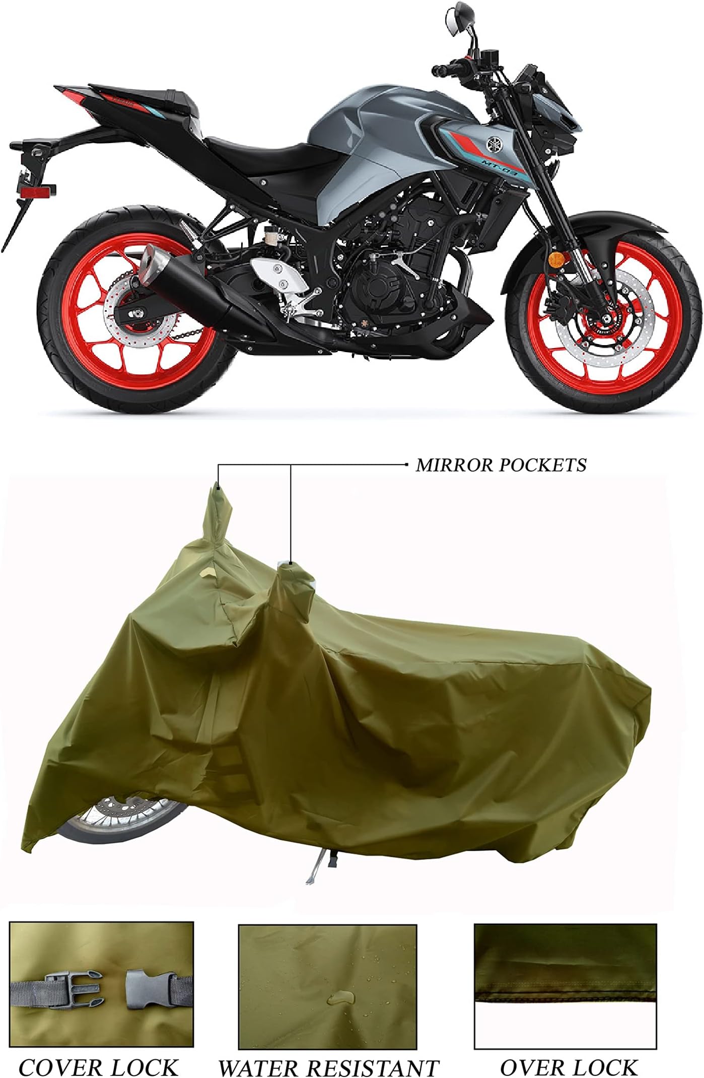 CRONEX - Two Wheeler - Scooty - Bike Body Cover Compatible with Yamaha MT-03 New 2021 with Water-Resistant and Dust Proof Premium 190T Fabric_ Olive Green
