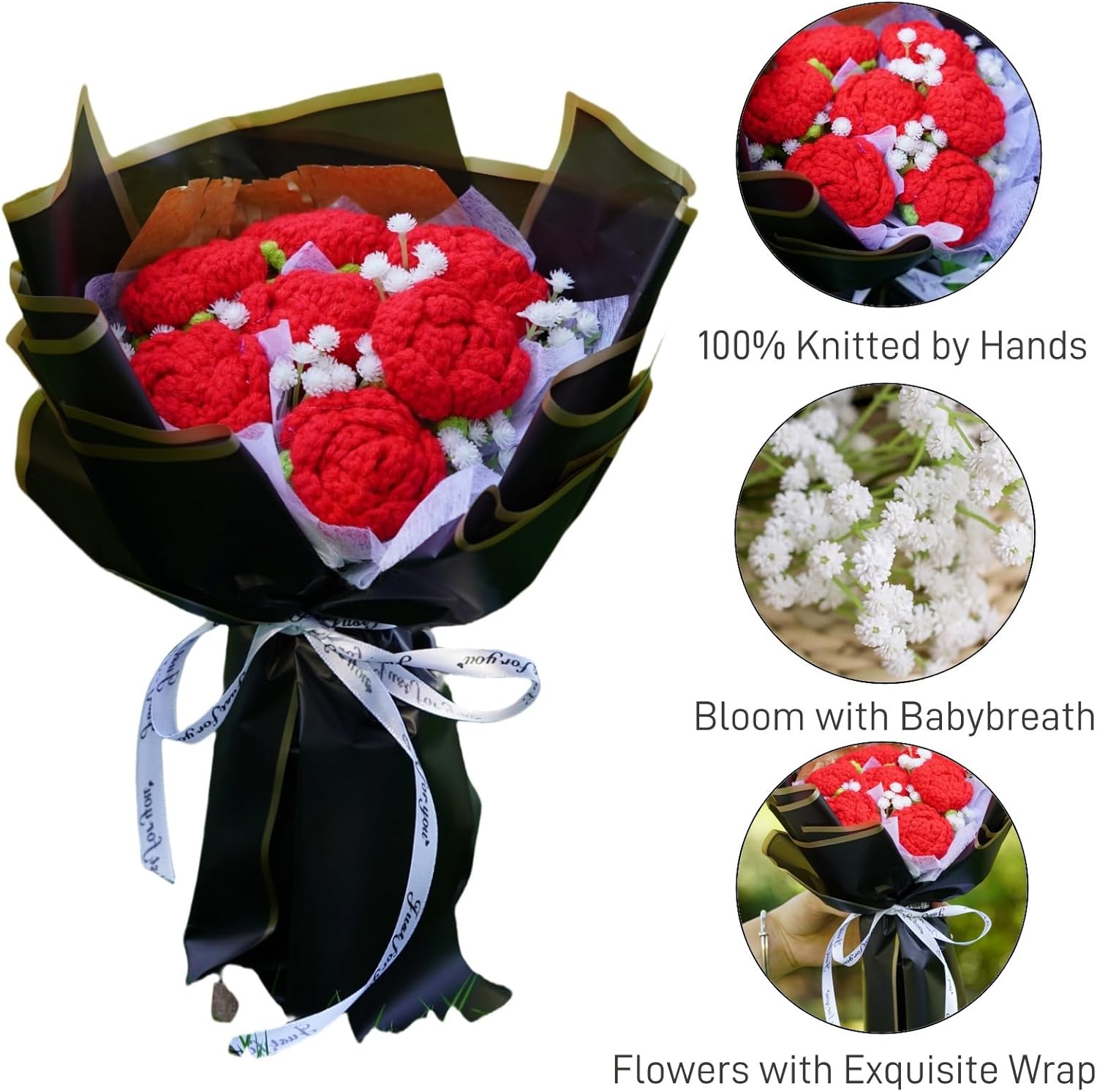 7pcs Crochet Red Roses Bouquet, Knitted Flowers Bouquet, Preserved Flower Red, Knitted Rose Flower, Romantic Gift for Women Her Lover, Birthday (Red-Rose) - Image 7