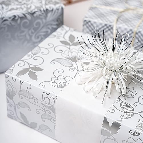 Miniatura 3 de LeZakaa Rollo de papel de regalo plateado, elegante papel de aluminio metálico con patrón floral y cuadros para boda, aniversario, cumpleaños, día