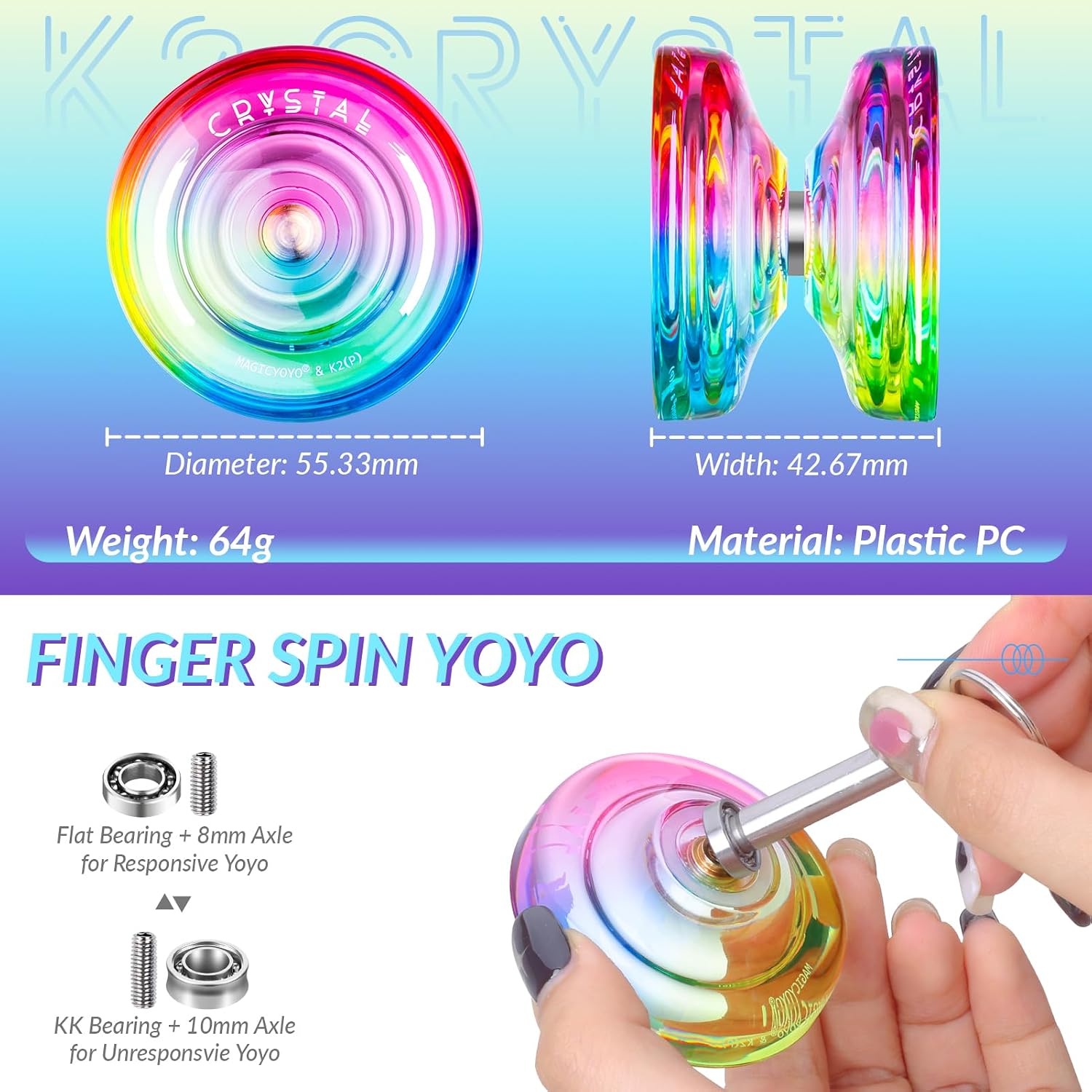 MAGICYOYO Responsive Yoyo for Kids 8-12, Pack of 2 Yoyos, Professional FingerSpin Trick for Advanced, Dual Purpose Metal Yo-yo V13+Crystal Yo yo K2 with Unresponsive Bearing+12 Yoyo Strings+Bag
