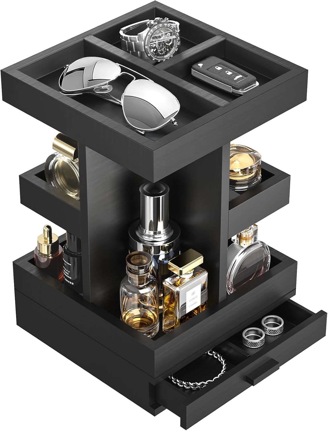 Cologne Organizer for Men, Cologne Stand, 3 Tier Wooden Perfume Organizer, Rotating Mens Cologne Shelf with Drawer, Fragrance Display Holder Desk Organizer, Gift Ideas for Men Him Dad Husband