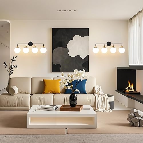 Miniatura 7 de Lámparas de baño, 4 luces de tocador de baño negras y doradas sobre el espejo, iluminación moderna de pared de granja con pantallas de bola de