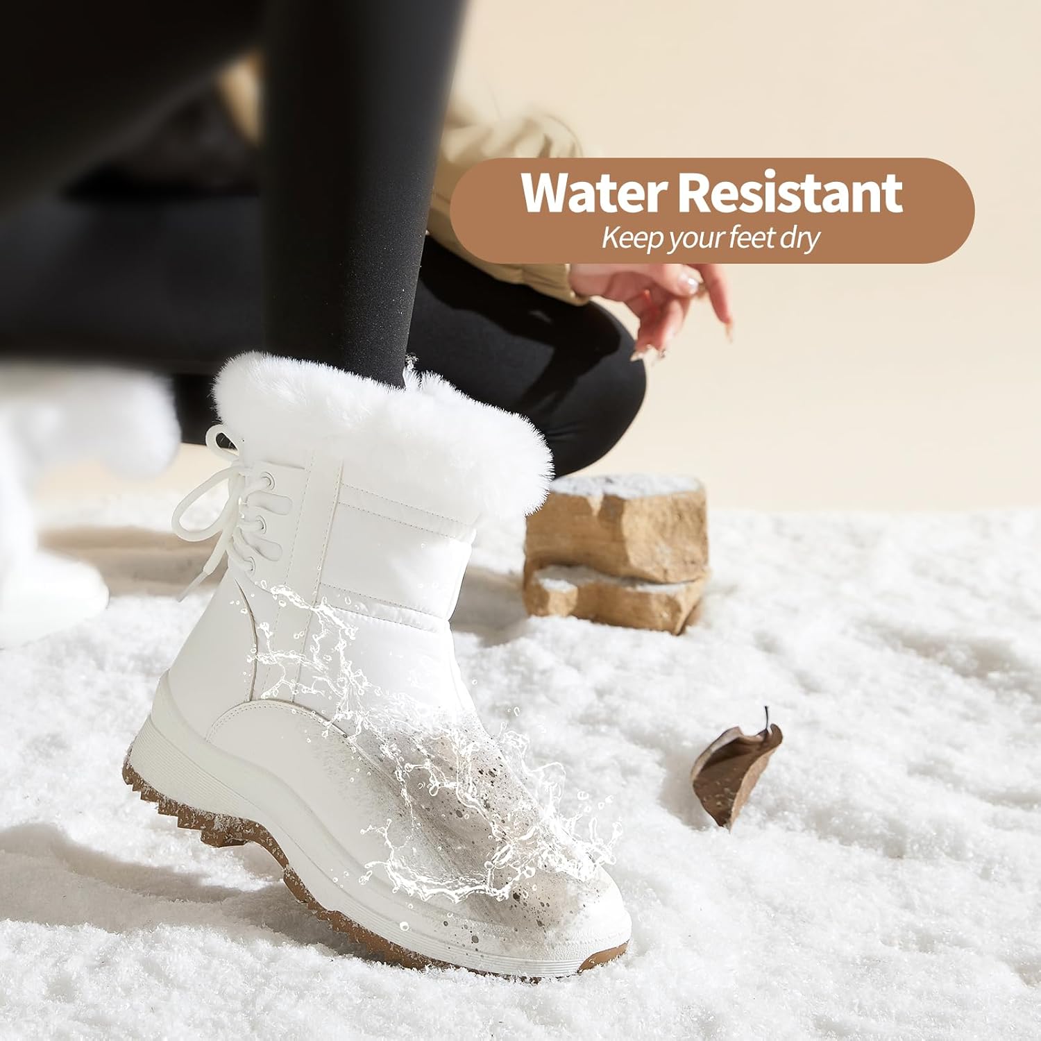 XRH Women's Black Waterproof Snow Boots Winter Mid Calf Fur Lined Boots for Women Non-Slip Fuzzy Platform Booties for Cold Weather - Image 6