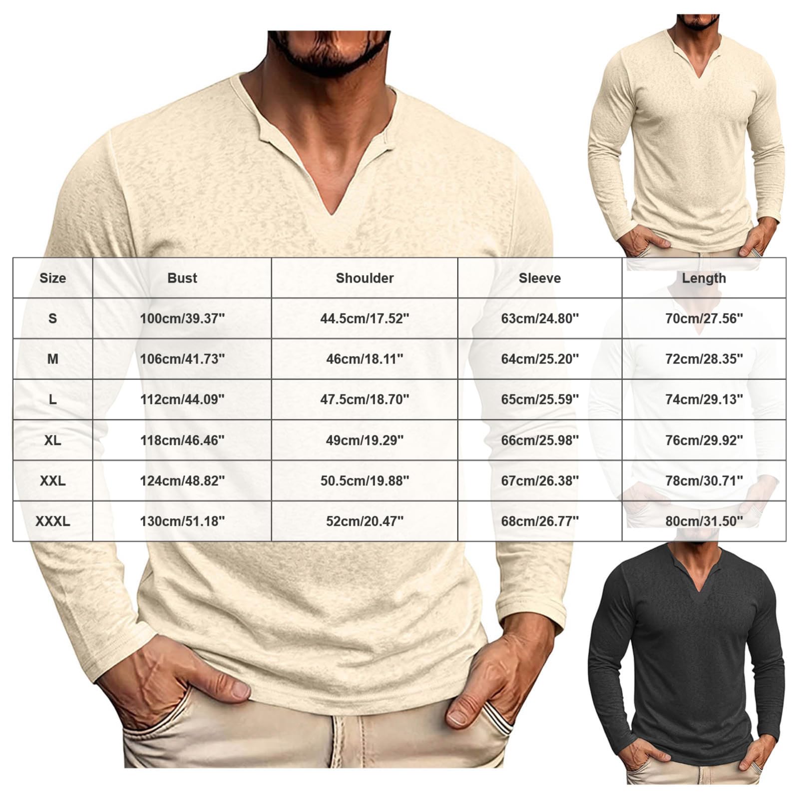 T-Shirt à Manches Longues Homme écru col en V Ouvert, Tissu léger Coupe ajustée, modèle Basique Polyvalent pour Quotidien et mi-Saison