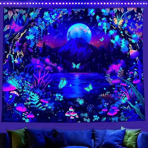 Tapiz de Bosque de Fantasía con Luz Negra Luna Montaña Lago Tapiz Reactivo a los Rayos UV Brilla en la Oscuridad Tapiz de Hongos Colgante de Pared