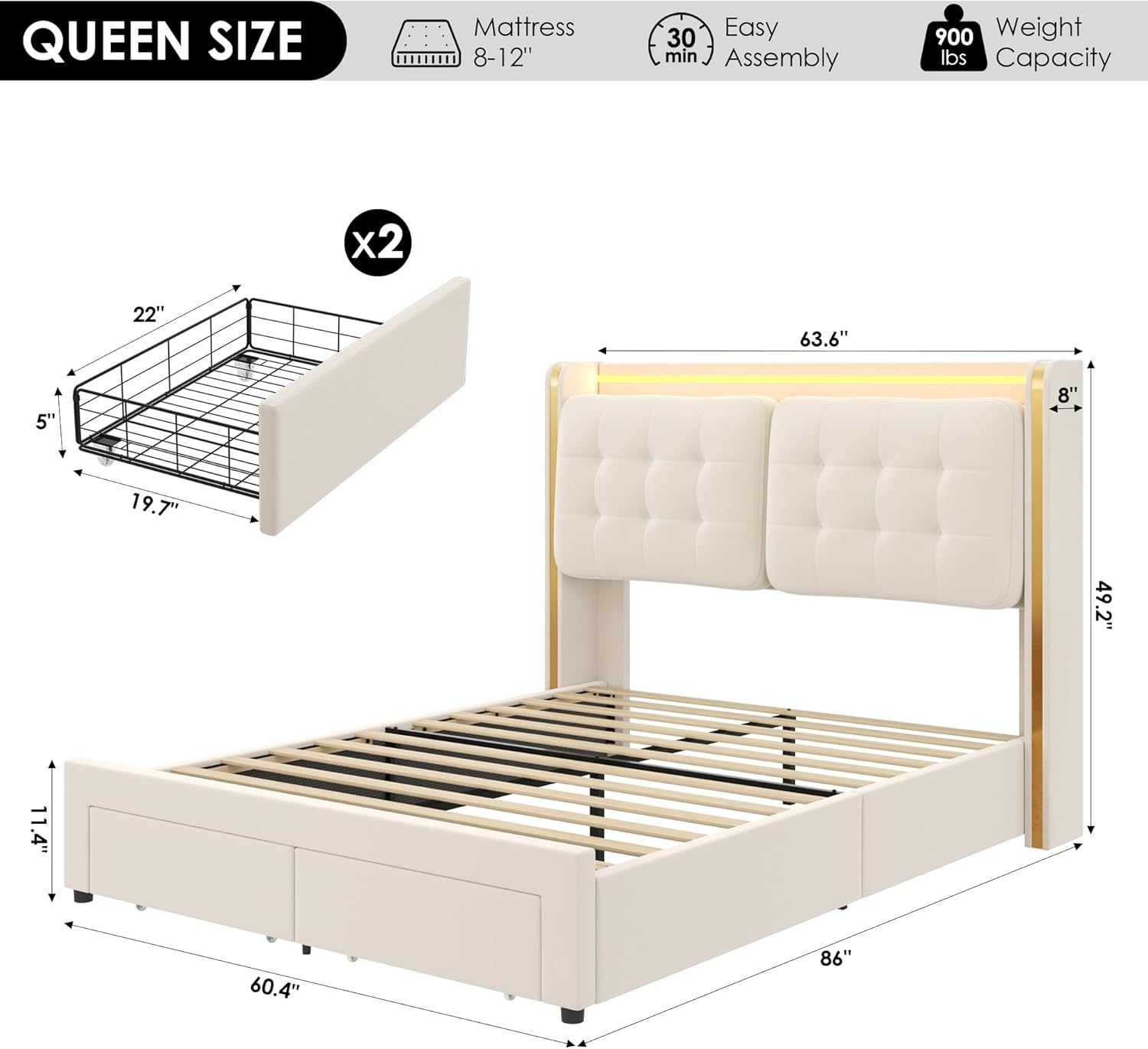 Diagram showing dimensions of the HIFIT Queen Size Bed Frame, including headboard height, bed length, and width.