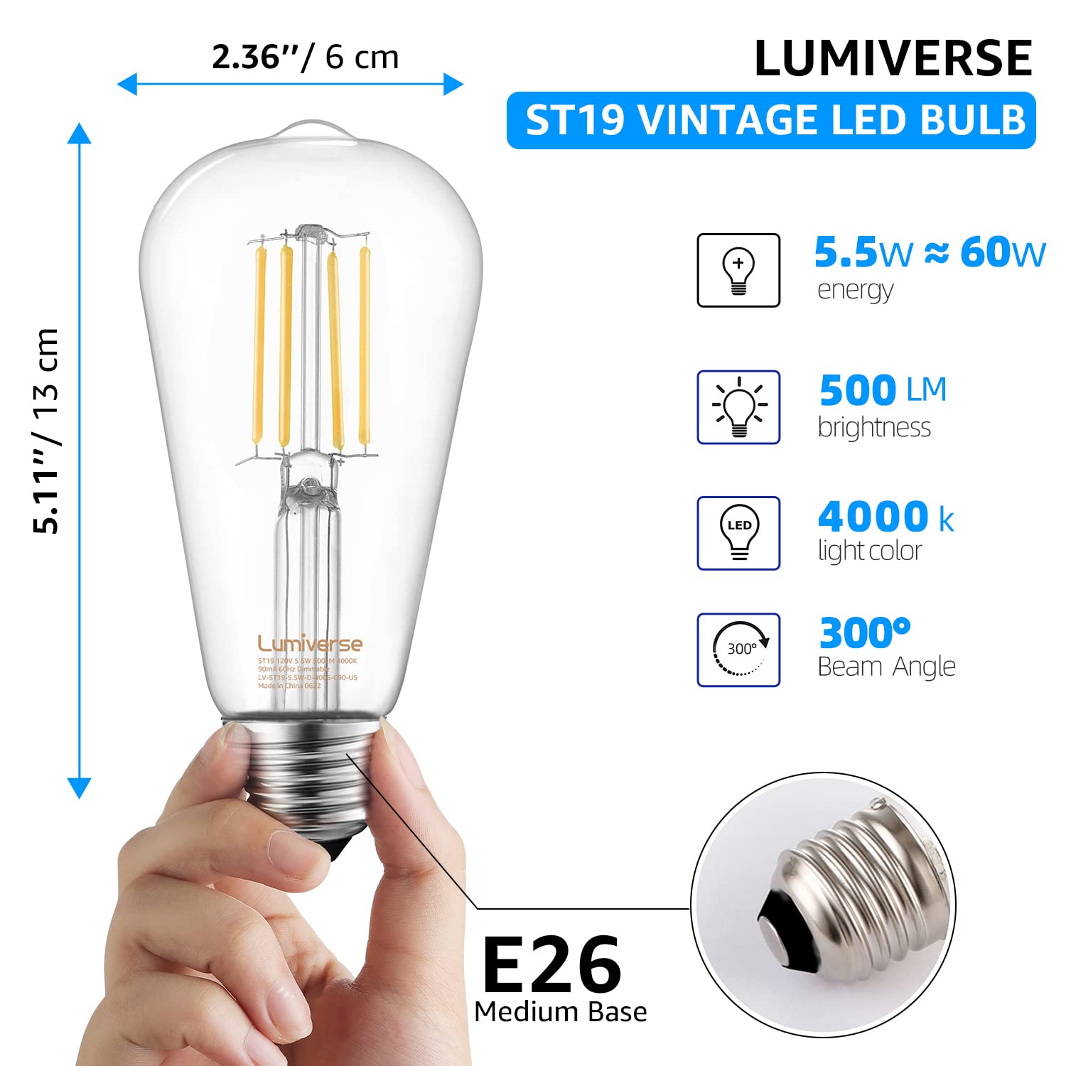 Lumiverse Vintage LED Edison Bulbs 5.5W, 60W Equivalent, Dimmable Antique Style ST19/ST58 LED Light Filament Bulbs, CRI 90+, E26 Base