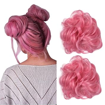 Pink Hair Bun Extensions Hairpiece Wavy Curly Messy Donut Chignons Hair Piece Wig Hairpiece Wig Hair Buns for Girl Women Lady 2pcs/package 2311#