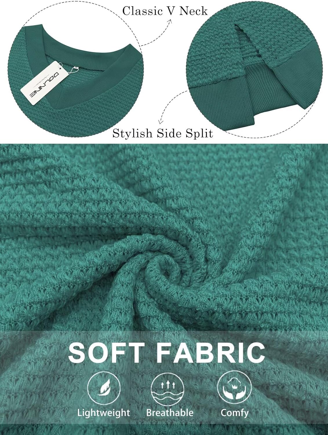 DOLNINE Plus-Size-Tops for Women Casual V Neck Pullover Cute Waffle Knit Lantern Sleeve Sweaters Fashion Side Split Tunics - Image 3