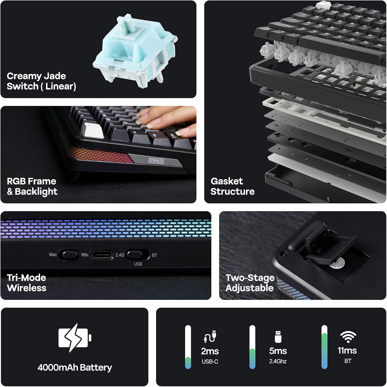 EPOMAKER TH85 QMK/VIA Wireless Gaming Keyboard, BT5.0/2.4GHz/USB-C, Hot Swappable Pre-lubed Custom Creamy Jade Linear Switches, Gasket Creamy Keyboard for PC/Mac/Office/Gaming (Black)