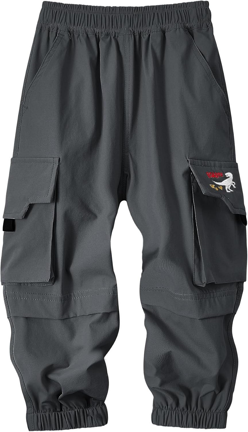 Volunboy Toddler Boy Cargo Pants Boys Quick Dry Parachute Pants Dinosaur Embroidery Jogger Trousers for Outdoor 2-6 Yrs