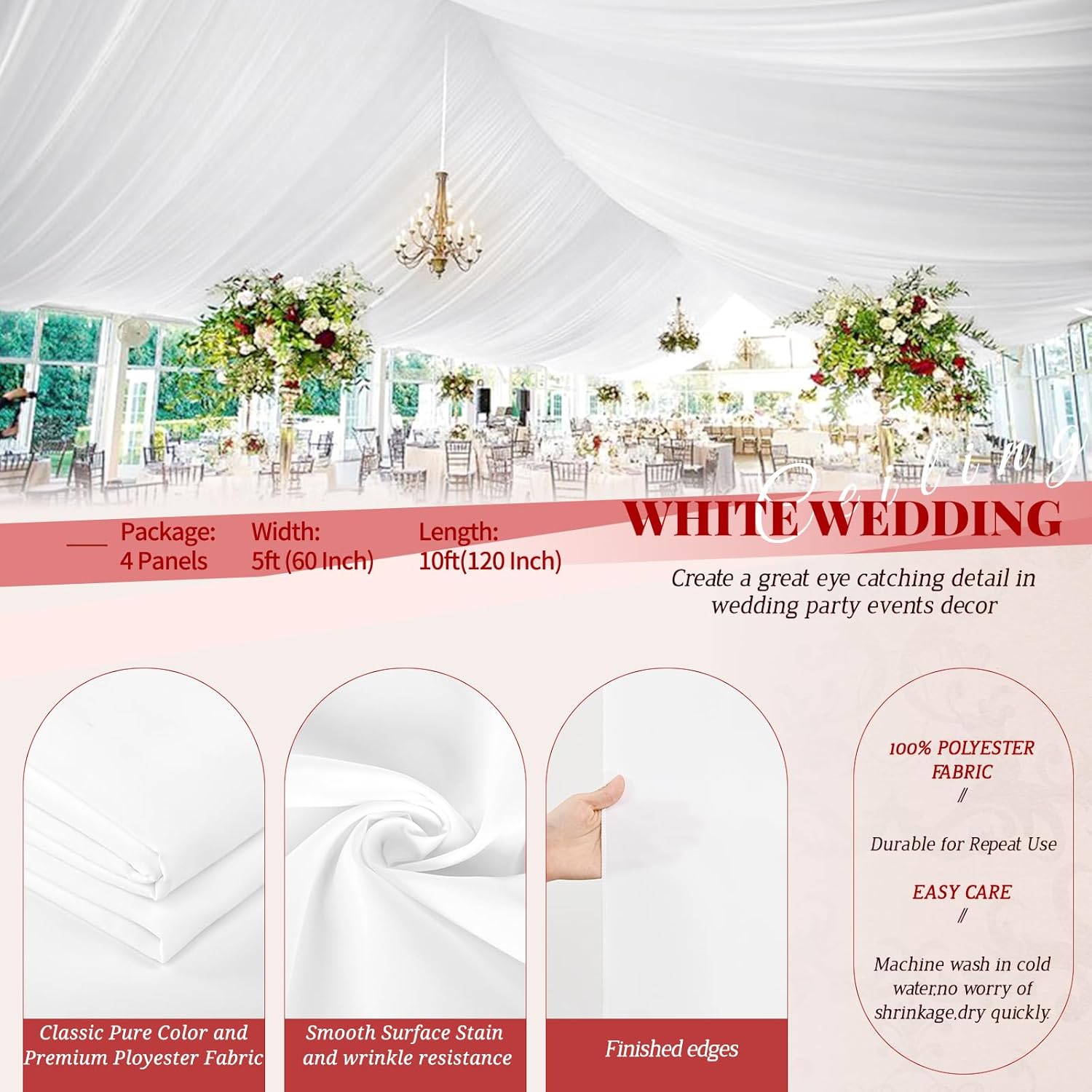 4 Panel White Ceiling Drapes - Premium Polyester Wedding Arch Draping Fabric - 5ft x 10ft - Decorations for Party, Ceremony, Stage (still in packaging)