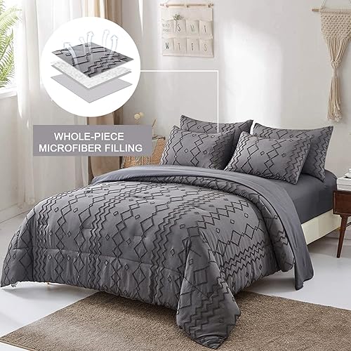 Miniatura 2 de Juego de edredón copetudo color gris oscuro, tamaño King (104 x 90 pulgadas), edredón bohemio Shabby Chic con bordado geométrico, juego de ropa de