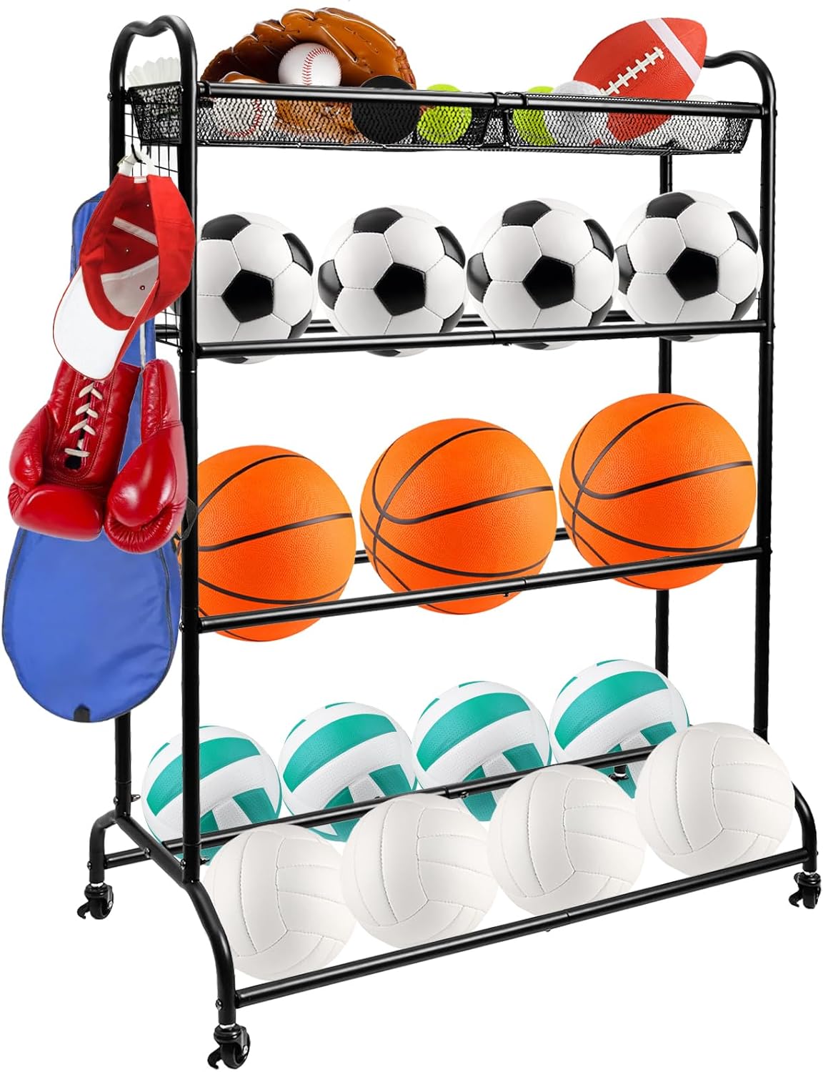 Lawei Basketball Rack with Wheels, Rolling Ball Rack with Removable Baskets, Ball Storage Holder for Football Basketball Soccer and Volleyball, 4 Layer Sports Equipment Storage Organizer for Garage
