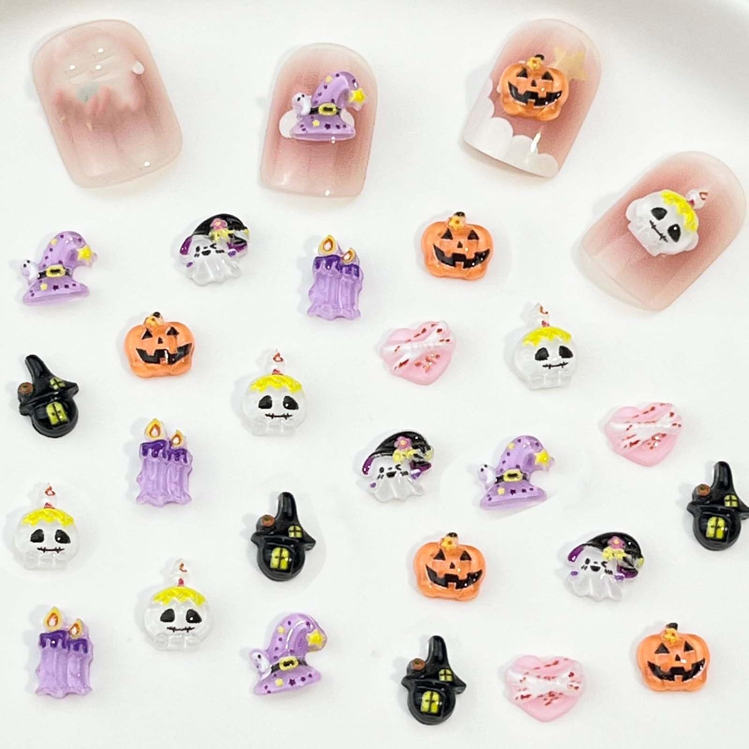 42Pcs Halloween Nail Charms 3D Halloween Nail Art Charms Cute Pumpkin Hat Ghost Flatback Nail Rhinestones for Women DIY Manicure Decoration Supplies
