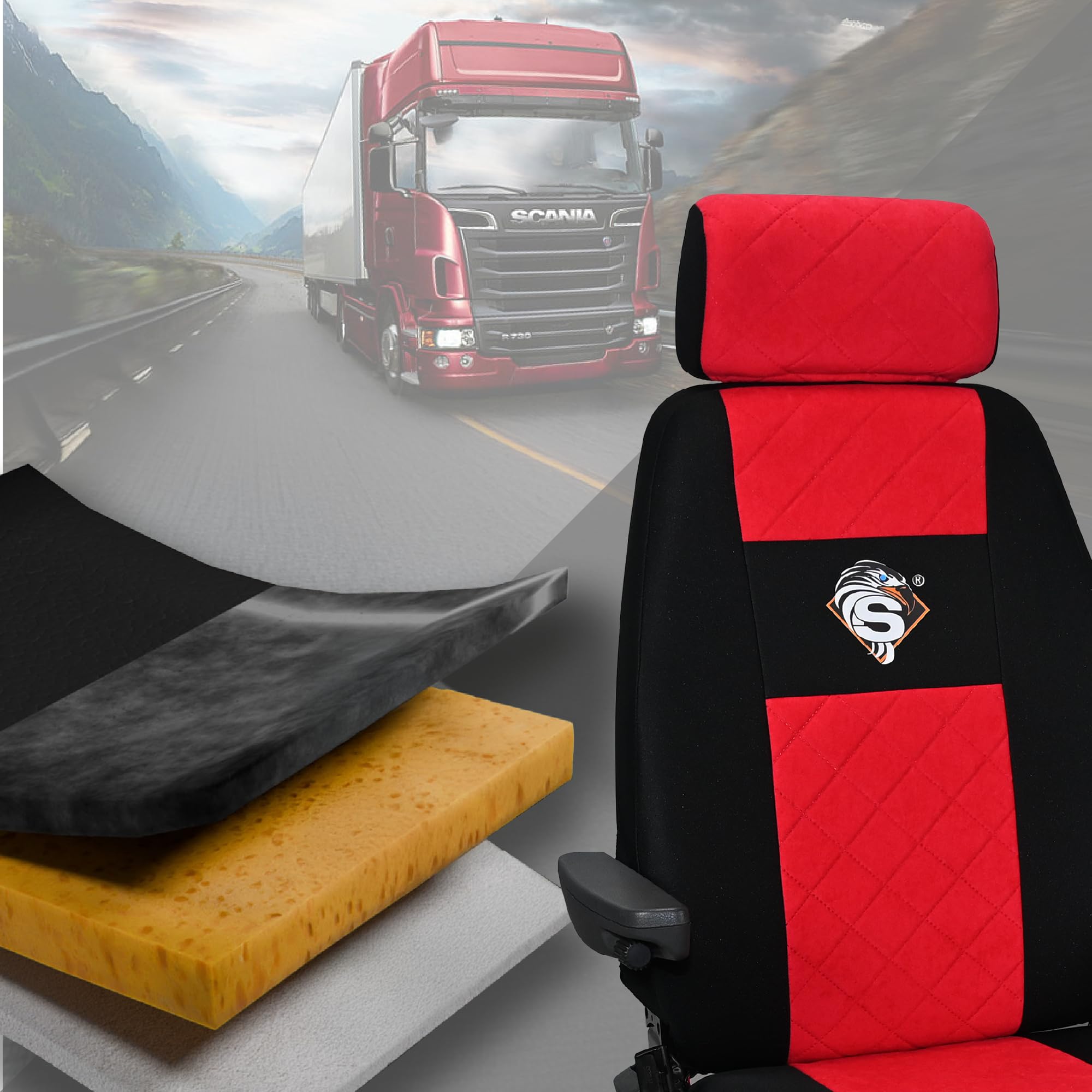 SABA Pokrowce na fotele dla SCANIA seria R od 2013, seria S od 2017, fotele różne 1pas, fotel kierowcy PREMIUM - KONFIGURACJA B - Czerwony Akcesoria do ochraniaczy siedzeń ciężarówek