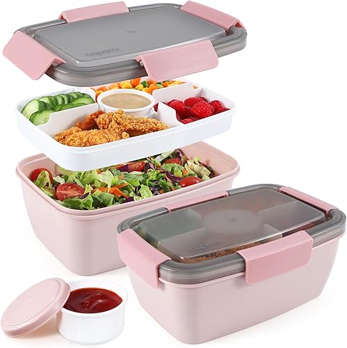 Miniatura 7 de Caperci Paquete de 2 recipientes grandes de ensalada para el almuerzo, cuencos de ensalada de 68 onzas, caja Bento a prueba de fugas para adultos