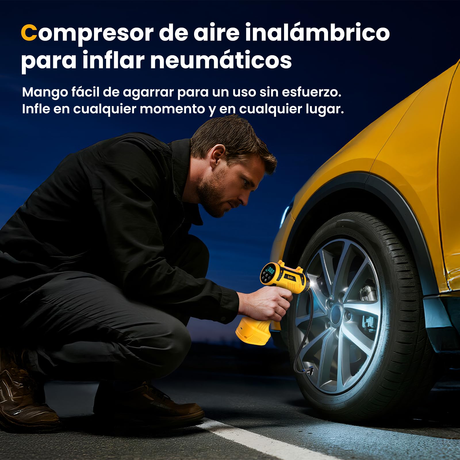 Ipflin Inflador Ruedas Coche 150PSI - 22L/min Compresor Aire Portátil Recargable, Inflador Eléctrico Inalámbrico con Pantalla Digital y Luz LED, 4 Modos Preestablecidos para Coche/Bicicleta/Moto/Balón - 4