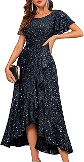 Women Sequin Formal Party Dress Flutter Short Sleeve Wedding Cocktail Long Evening Dress - Buy now