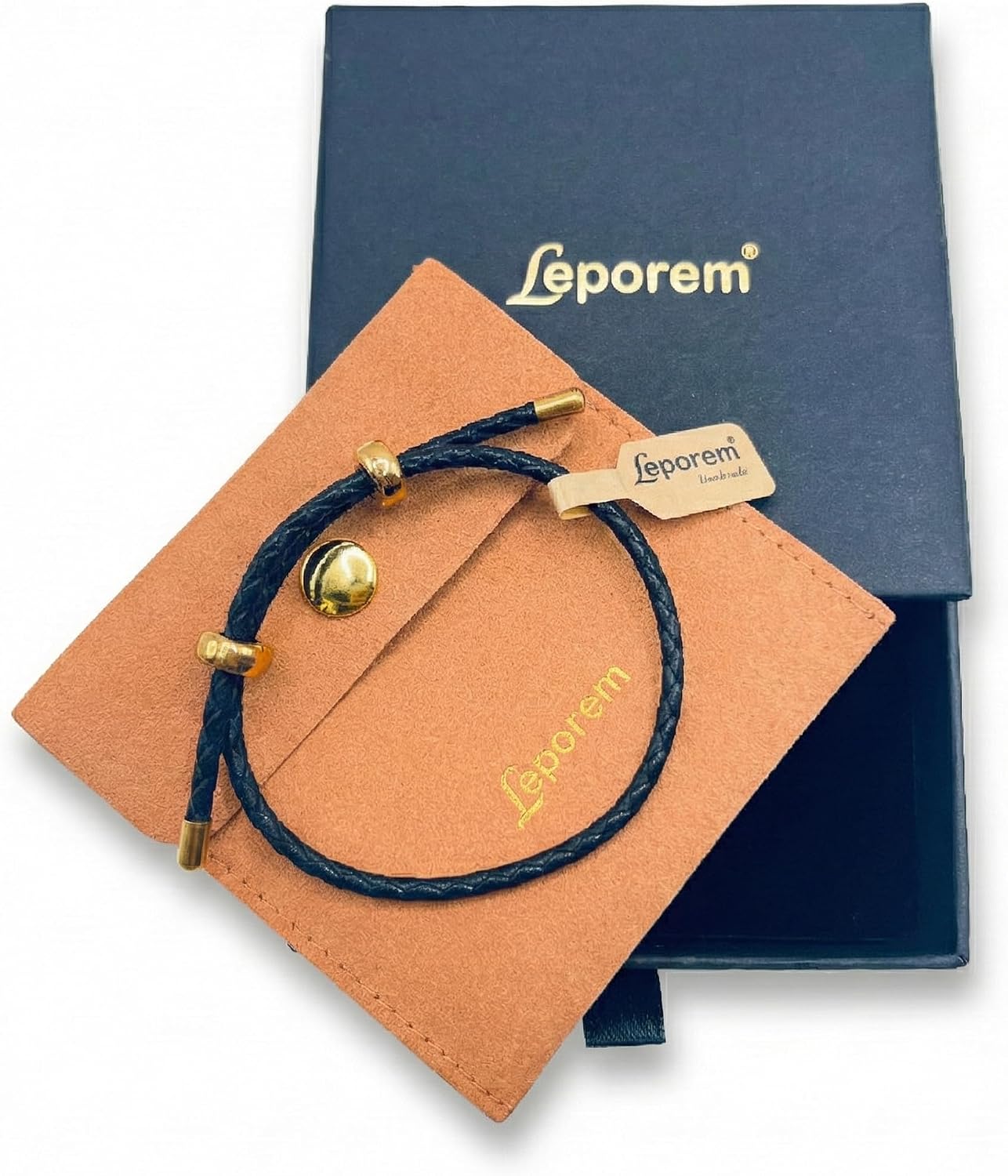 Leporem Adjustable Braided Leather Bracelet for Women, 18K Gold Plated