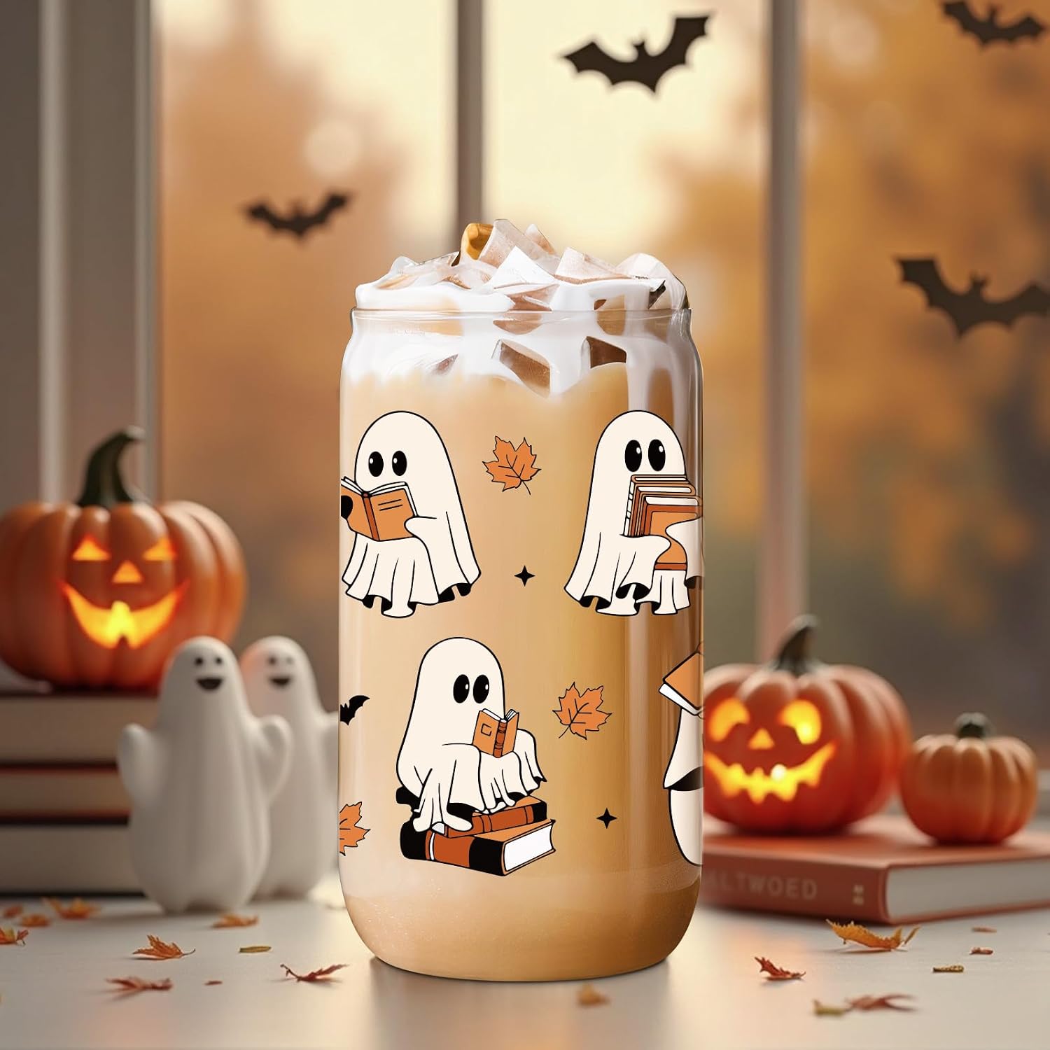 Coolife Halloween Ghost Reading Cup, 16 oz Bookish Fall Glass Tumbler