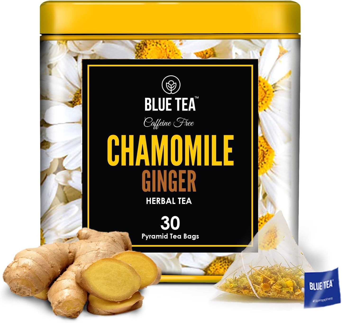 BLUE TEA - Chamomile Ginger Herbal Tea - 30 Biodegradable Tea Bags | SLEEP TEA | Caffeine-Free | Gluten Free - Non-GMO | Eco-Conscious Tin Packaging