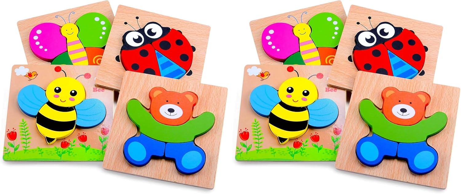 Magifire Wooden Puzzles, Set of 4 Puzzle Toys for Kids Toddlers 1–3, Baby Educational Animal Toys with Chunky Pieces & Bag for Easter - Butterfly, Bee, Ladybug, Bear (Pack of 2)
