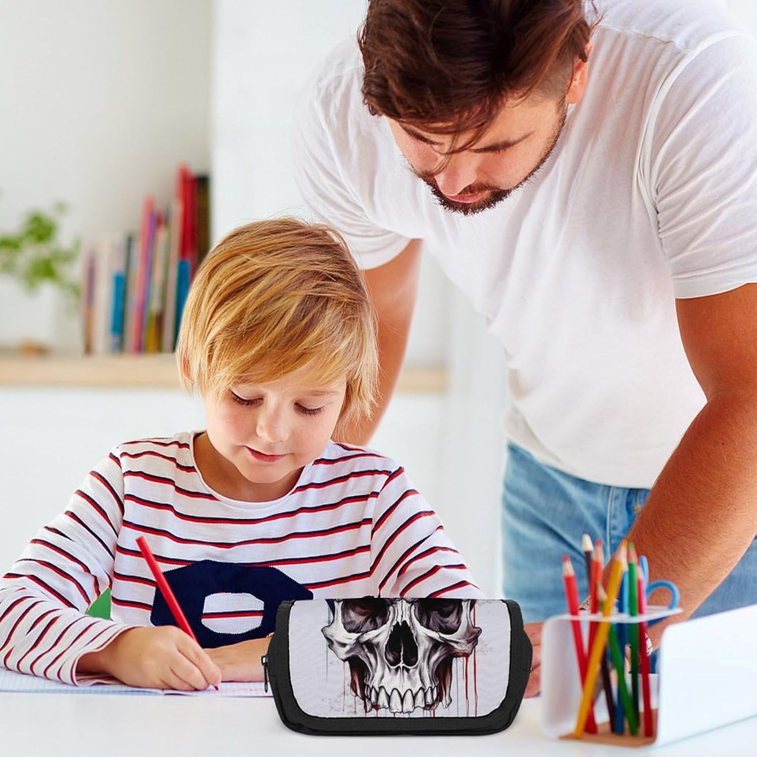 Pencil Pouch American Flag Skull Pencil Case for Men Women Cosmetic Bag Aesthetic Pen Bag for Office Multifunctional Bag Marker Pen Case