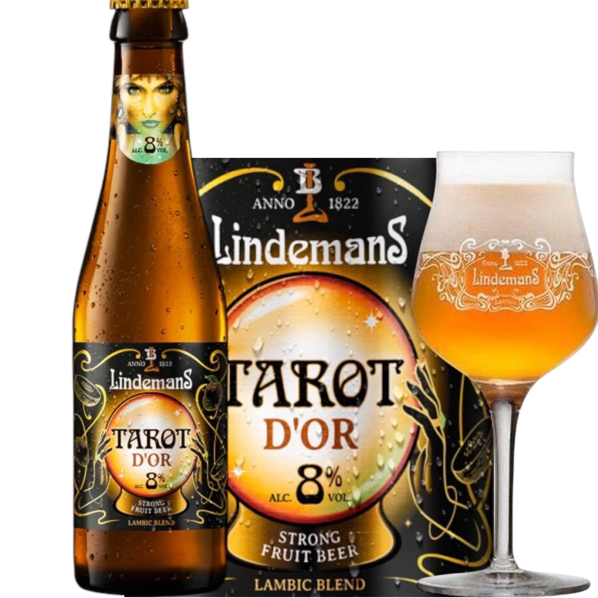 6 Flaschen LINDEMANS TAROT D'or 0,25L - BELGISCHES EXOTICFRUIT BIER MIT 8% VOL. inkl. Bierdeckel Haus der Biere Berlin