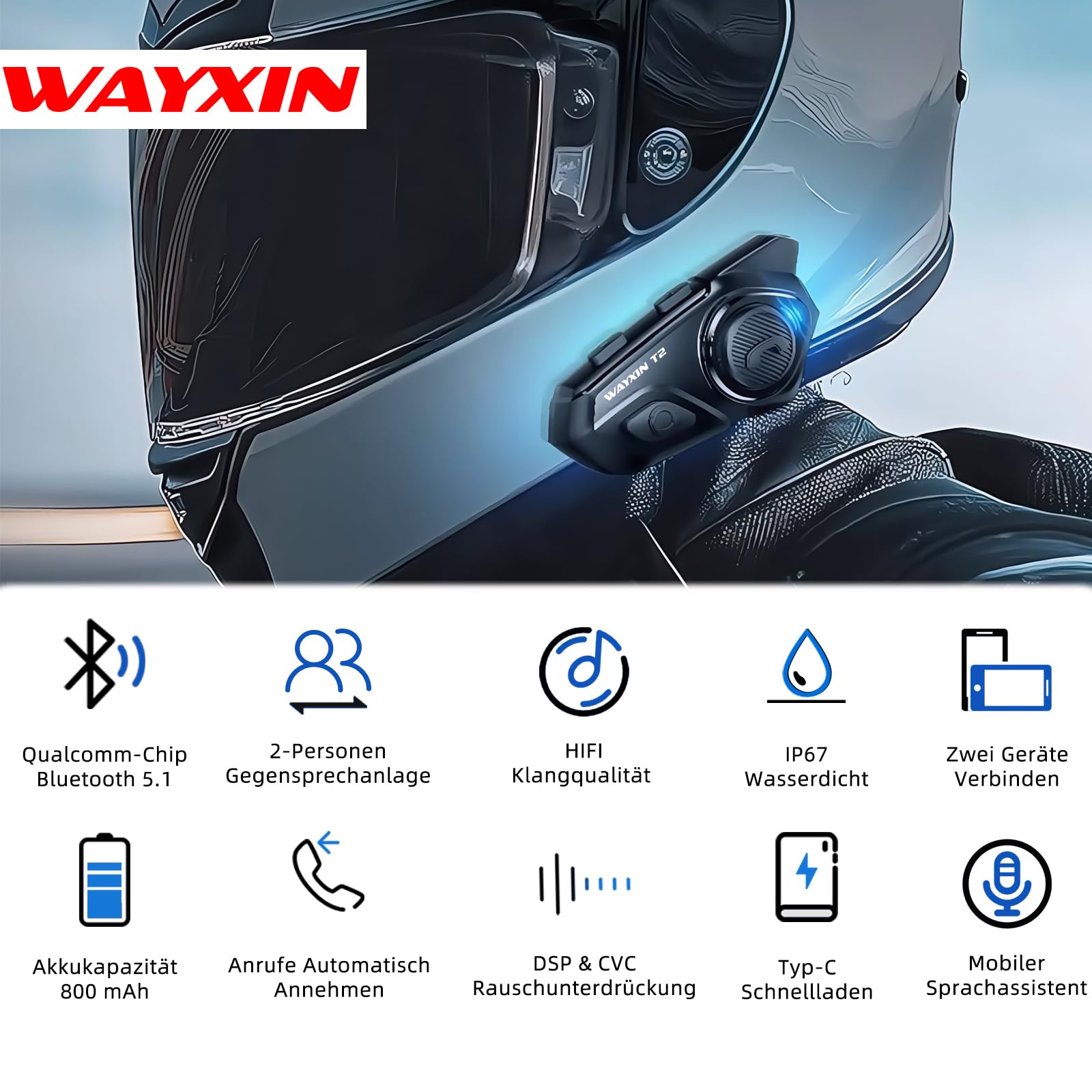 T2 Interfono Moto Auricolare 300M Sistema di Comunicazione con Wireless Bluetooth 5.1 IPX7 Impermeabile Cancellazione del Rumore DSP&CVC HiFi/Voce AI Interphone Casco Moto Auricolare