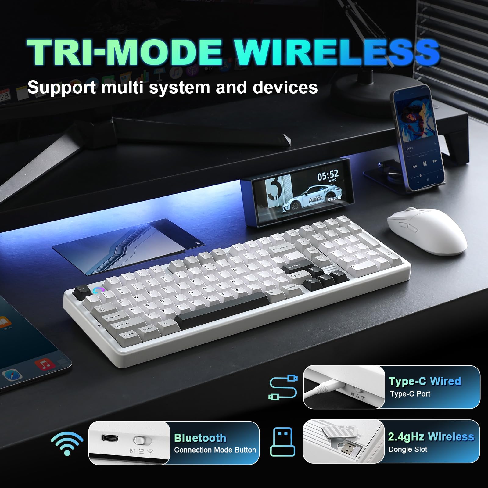 YUNZII AL98 Tastiera Meccanica Gaming Senza Fili, Tastiera Gamer in Alluminio, BT/2.4Ghz/USB-C, RGB, QMK/VIA Programmabile, Hot-Swap Tasti PBT per Win/Mac (Bianco, Milk V2 Linear Switch)
