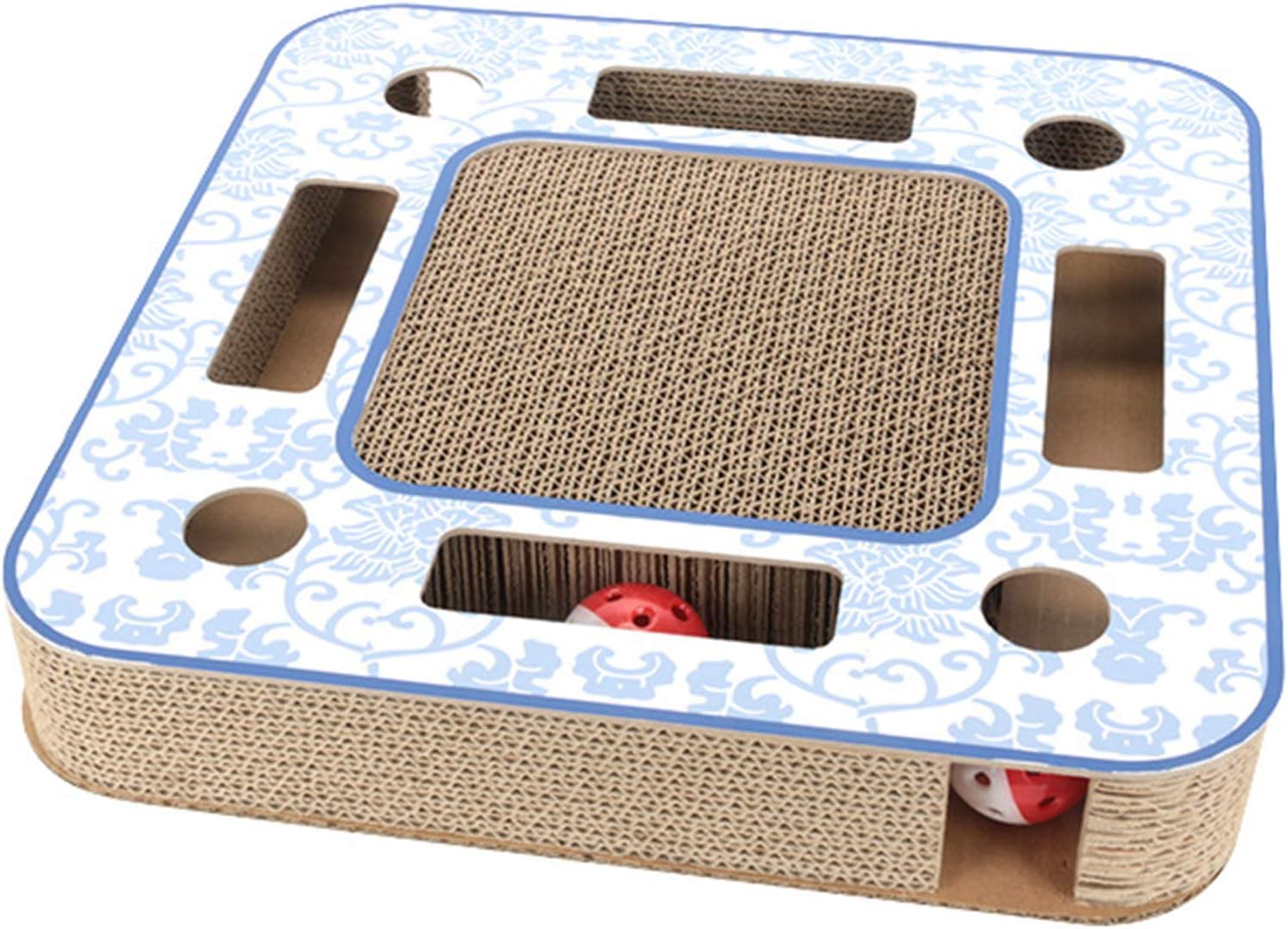 NLC Square Cat Scratcher Cardboard with Blue Flowers and Balls Reversible Cat Scratch Pad