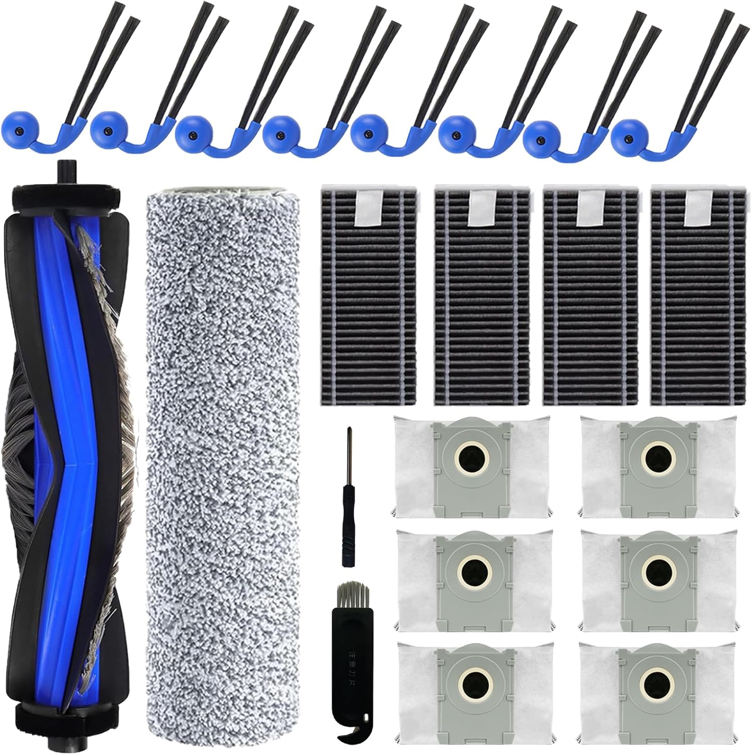 22Pcs Replacement Parts for ECOVACS DEEBOT T80S Omni/X9/ X9 PRO OMNI/YEEDI S16 PLUS Robot Vacuum, 1 Main Brush 1 Roller Mop 4 HEPA Filter 6 Dust Bag 8 Side Brush 1 Cleaning Brush 1 Screwdriver