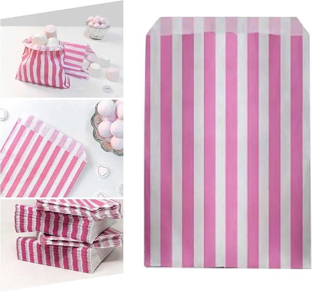 Tezraftaar® 100 x Candy Bags Stripe Pink Sweet Favour Bag 5" x 7" Chocolates & Treats