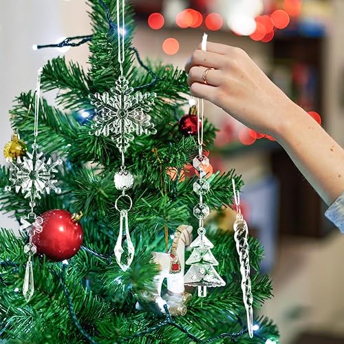 Vista 17 de Lanpn 26 adornos de Navidad, decoración de árbol de Navidad de cristal, colgantes iridiscentes de acrílico transparente, copos de nieve, colgantes