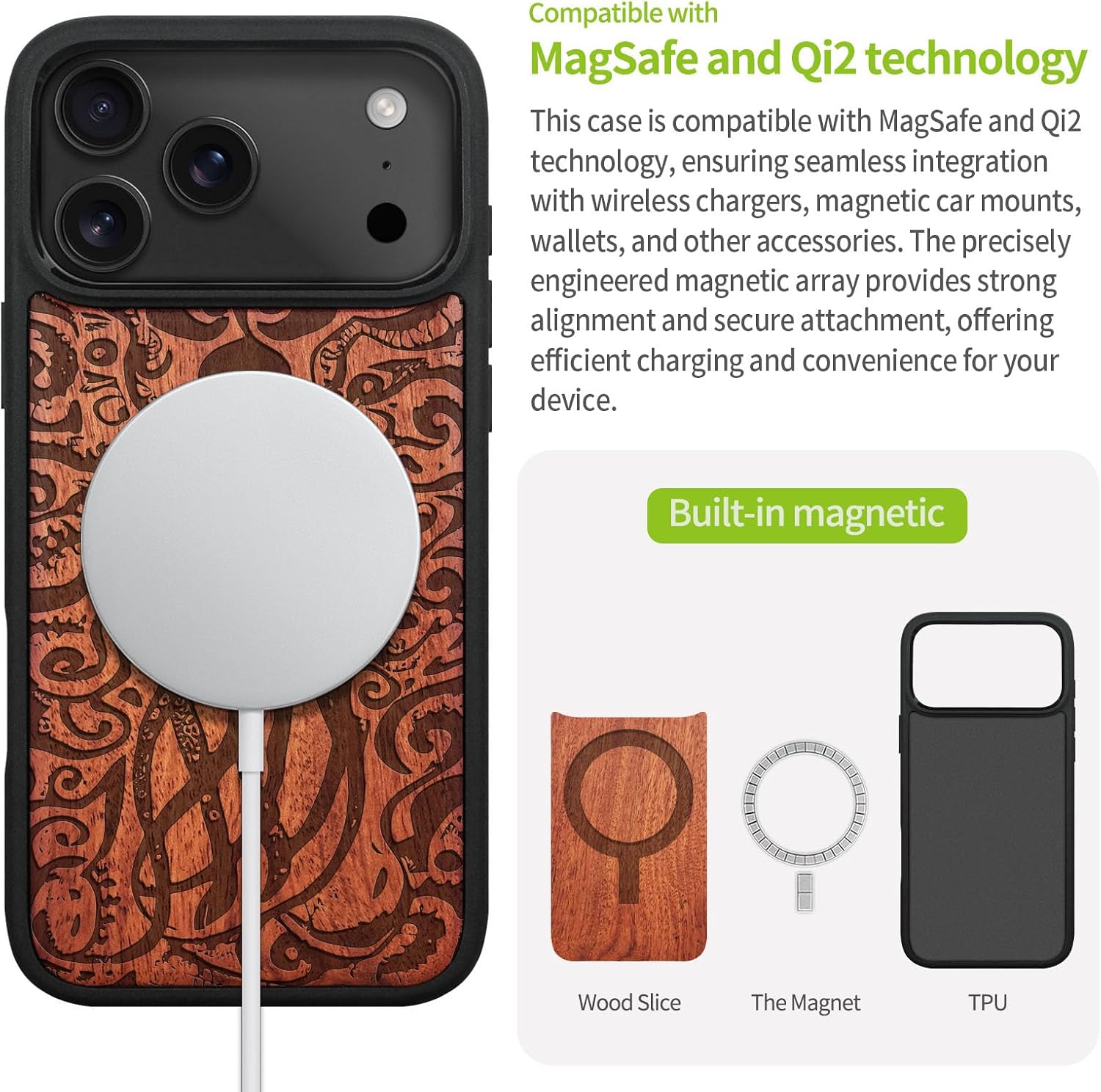 Carveit Magnetic Wooden Case for iPhone 17 Pro Max Case, Wood Artisan Engraved & Black Soft TPU Shockproof Cover, Compatible with MagSafe Wireless Chargers (The Octopus's Nocturne) Rosy
