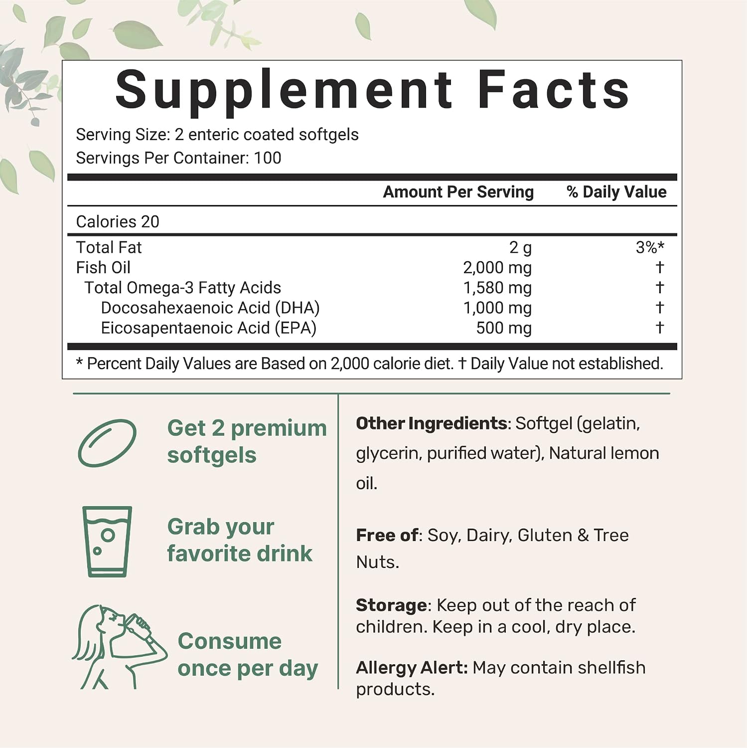 Omega 3 Fish Oil DHA Supplements 1000mg with EPA 500mg