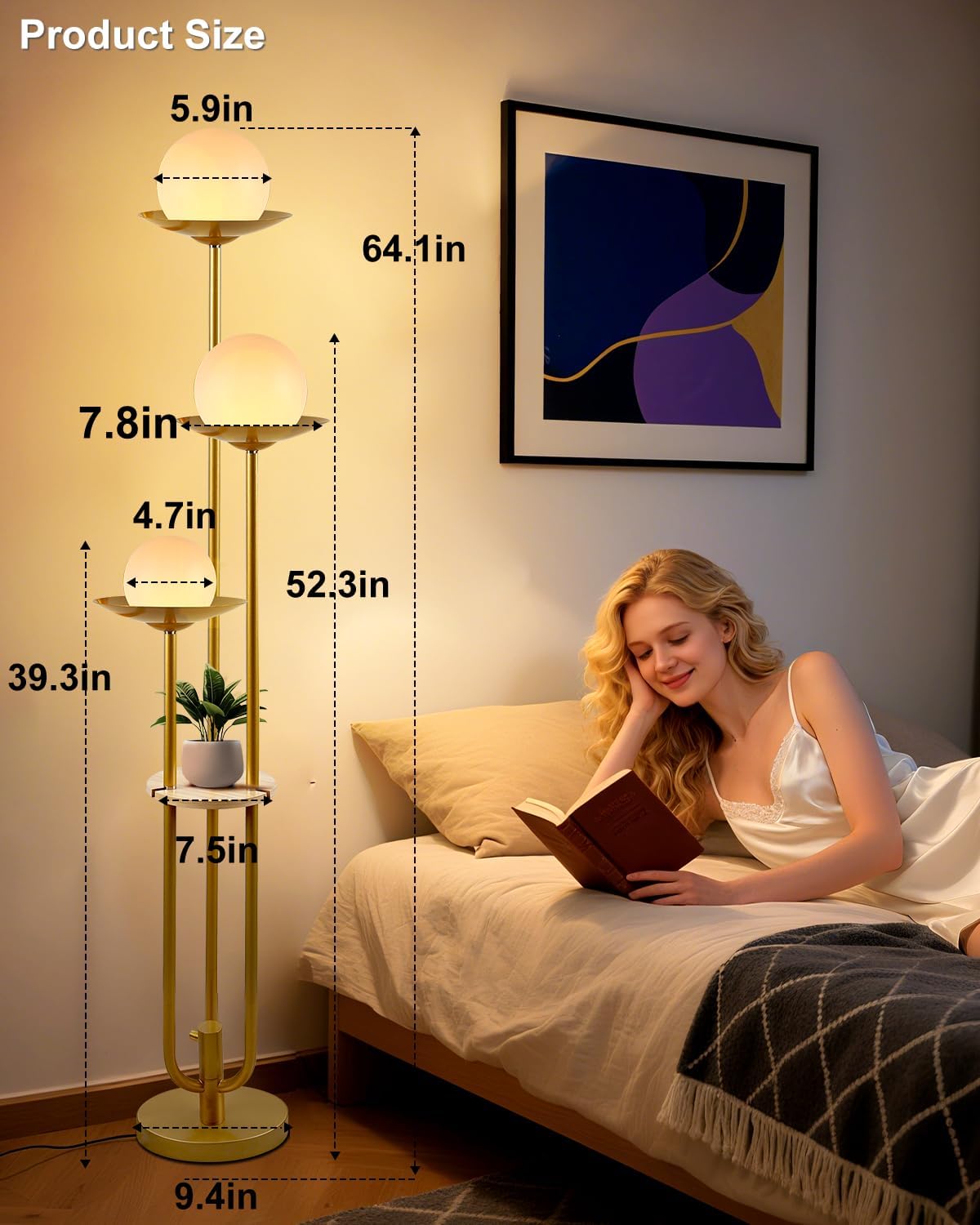 Lightdot Globe Floor Lamp with Shelf 3-Lights Modern Dimmable Floor Lamps for Wedding/Party, 3000K Warm White Bulbs Included, Gold Tall Standing Lamp for Living Room/Bedroom/Sofa Beside/Corner Decor