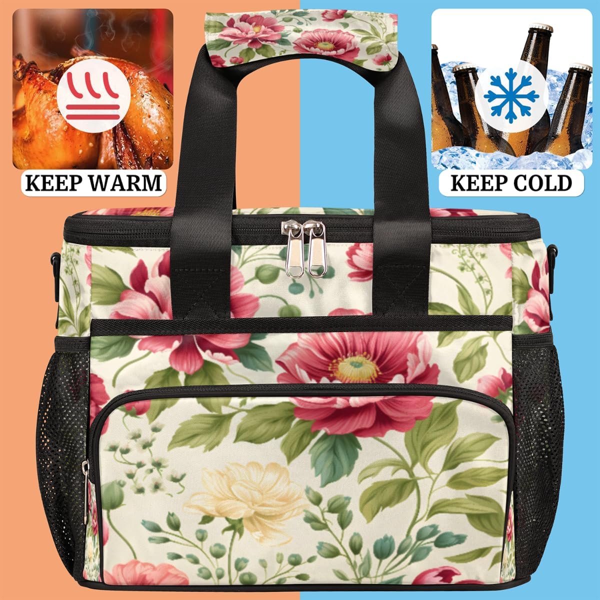 Beautiful Insulated Picnic Backpack Lunch Box for Women Men Picnic Basket Tote Lunch Bag Picnic Bag Portable Lunch Bags for Picnic, Beach, Work, Trip,Office, Camp Flower with Leaves