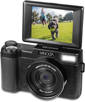 Minolta 30MP Digital Camera 2.7K Ultra HD Video, 3-inch 180 LCD Screen, Face Detection, Anti-Shake, 9 Scene Modes, Photo Burst, Panorama, CMOS Sensor, 32GB Card (Black)