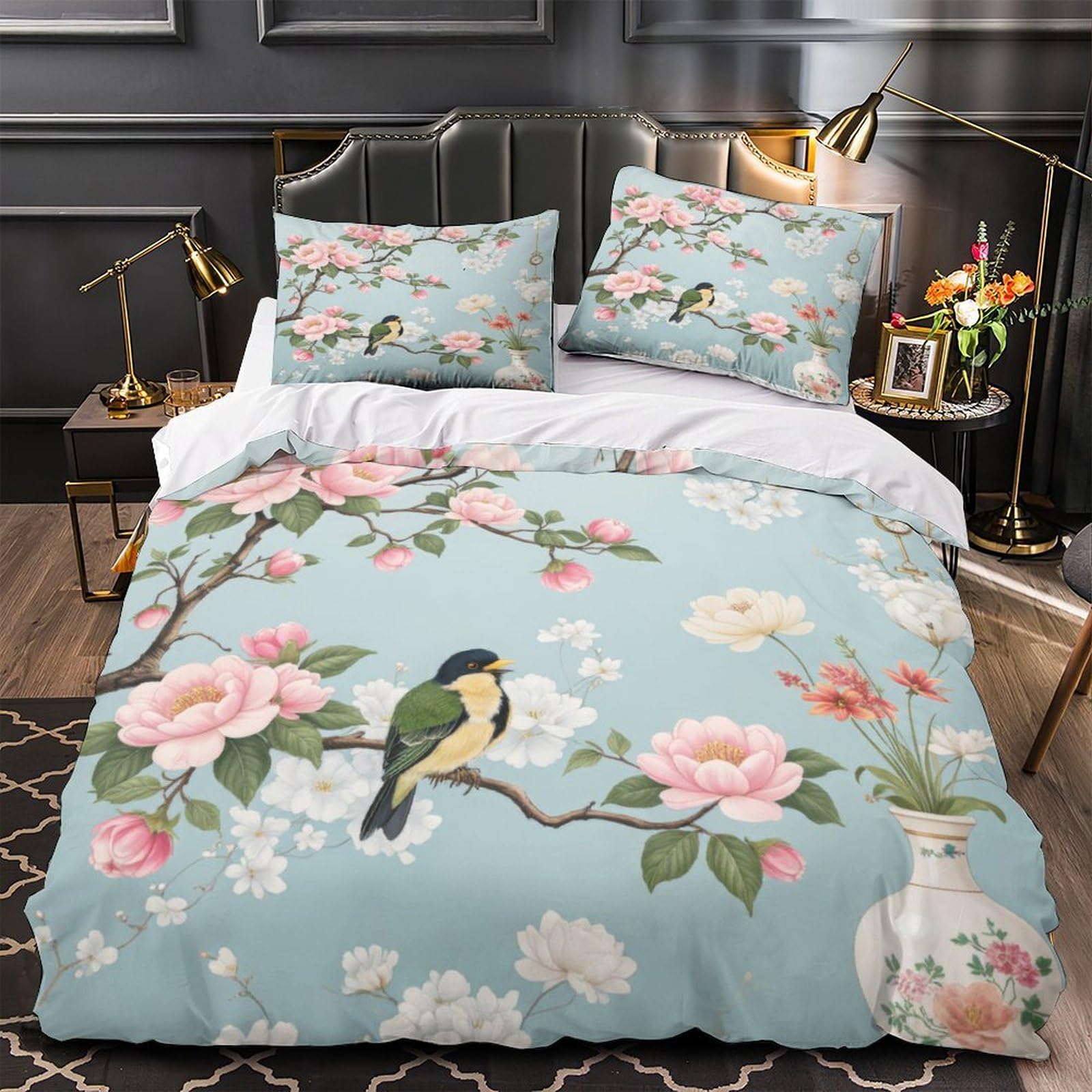 Housse de couette 3D fleurs de printemps en microfibre douce pour lit simple 135x200cm